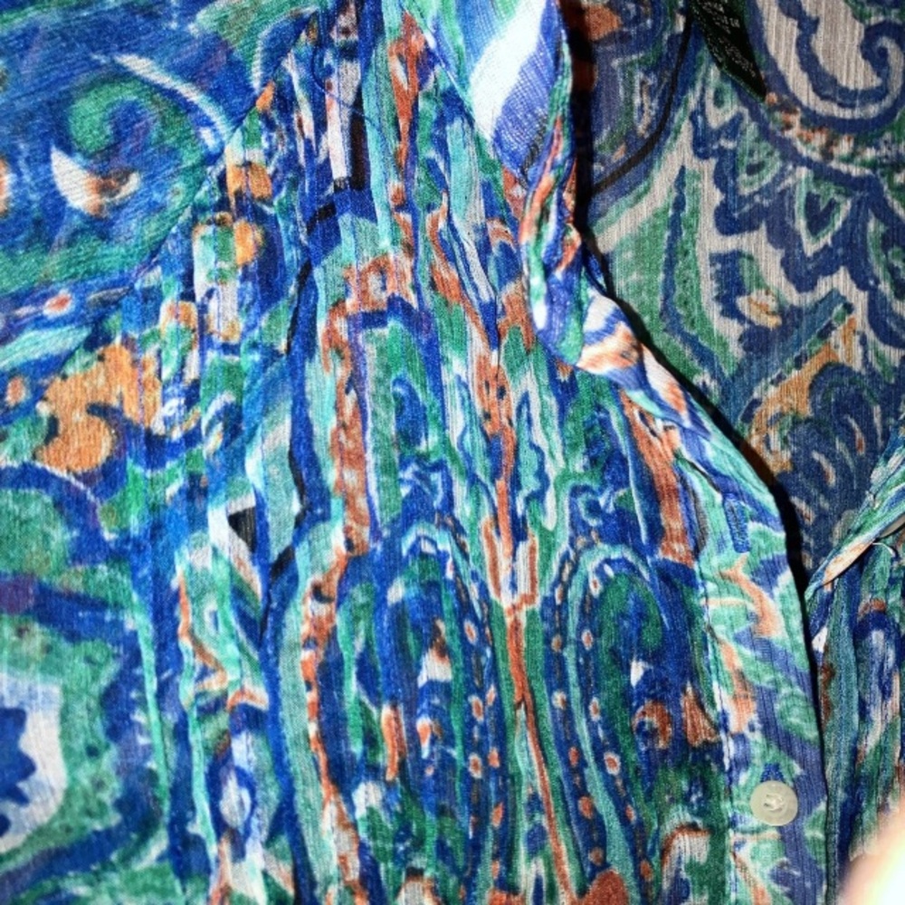 Ralph Lauren Women’s Blue Paisley Half Sleeve Pleated Chiffon Poets Blouse Large - Picture 6 of 10